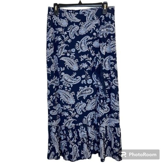 Talbots Blue Paisley Print Ruffle Wrap Skirt Size Medium - Picture 1 of 7